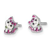 Sterling Silver Rhodium-plated Multicolor Enameled Kitty Children's Post Earring